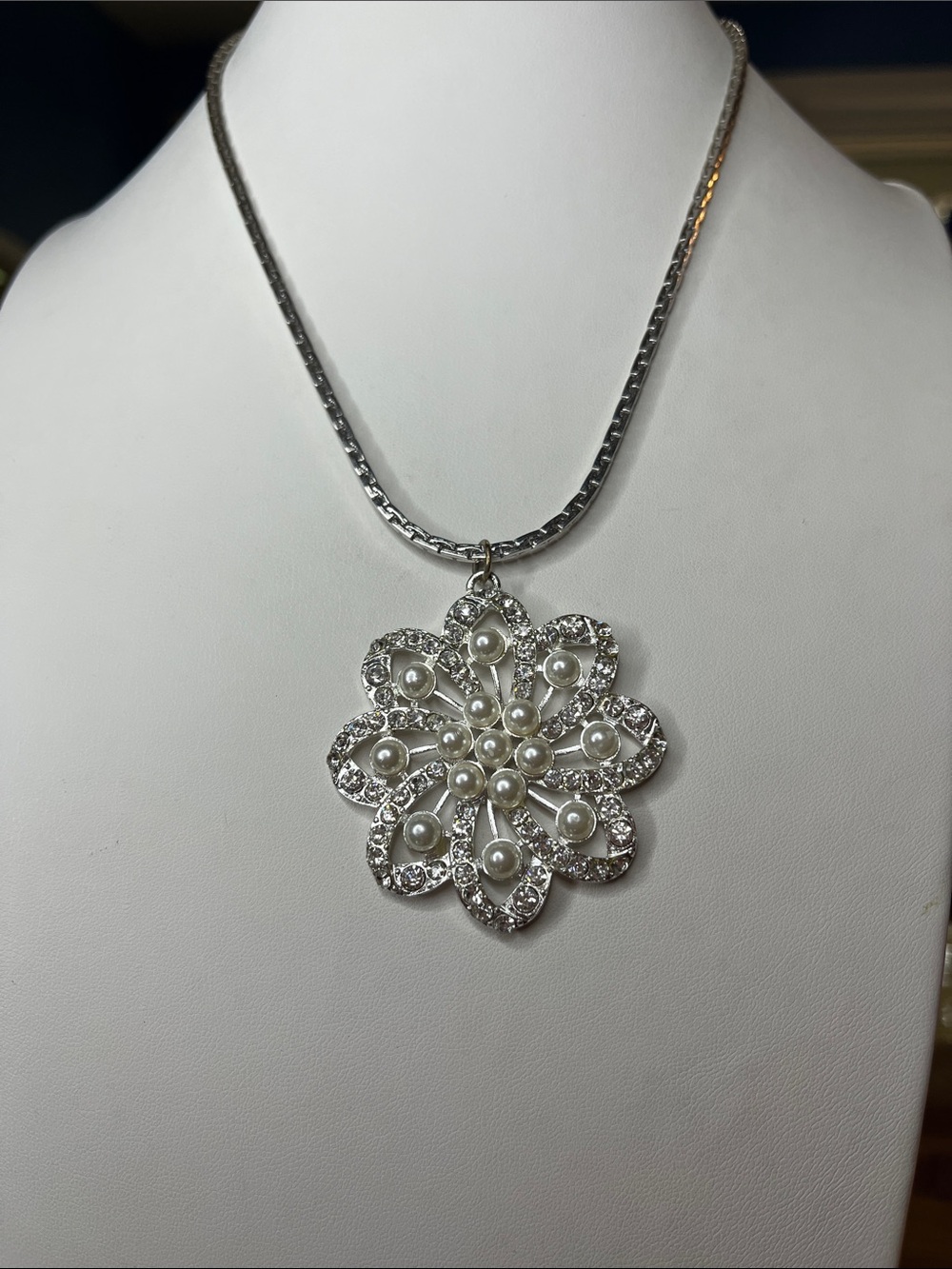 Silver Pearl and Crystal Floral Pendant Necklace